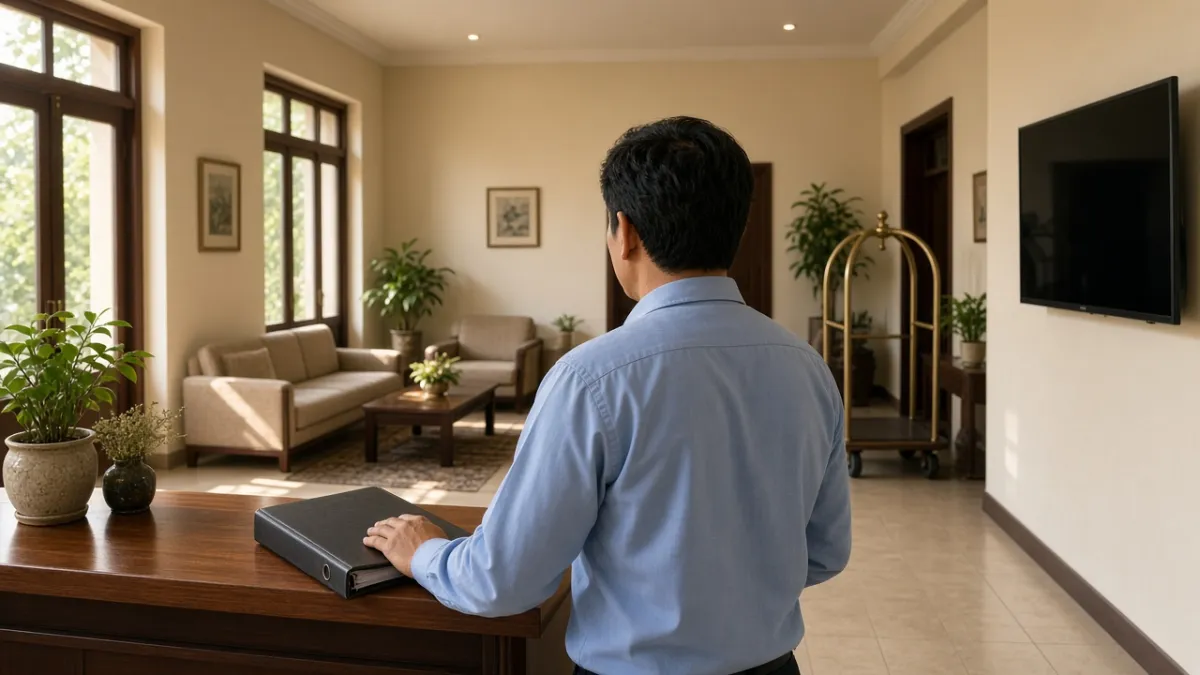Quản lý khách sạn đặt tay trên sổ vận hành đã đóng tại quầy lễ tân, sảnh sớm gọn gàng thể hiện vận hành chủ động.