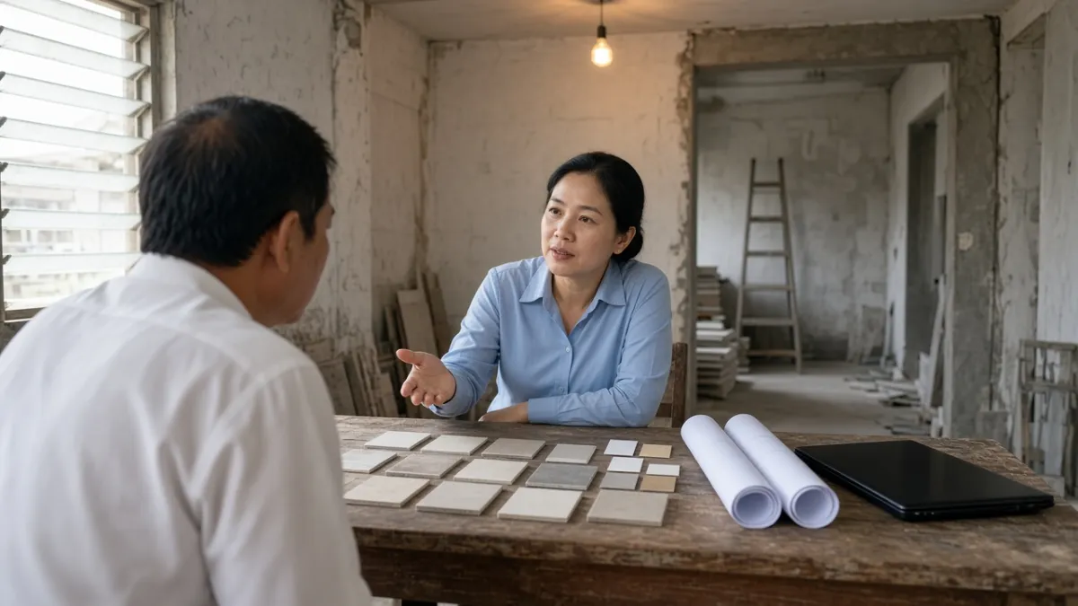Chuyên viên tư vấn và nhà đầu tư bàn bạc hạng mục vật liệu trong công trình khách sạn thi công.