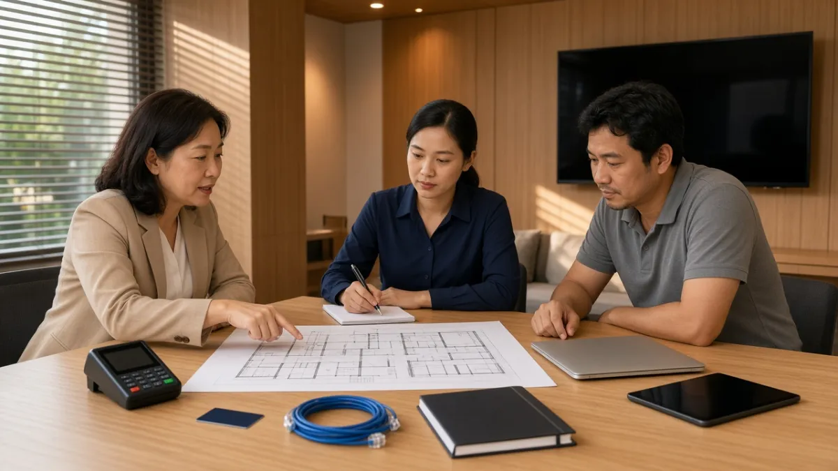 Nhân viên khách sạn Việt Nam họp triển khai PMS, xem sơ đồ phòng và thiết bị tích hợp như POS, khóa điện tử.