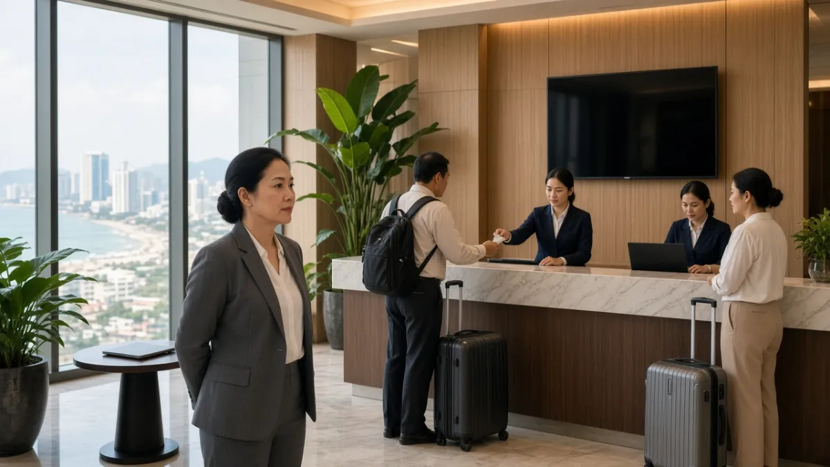 Quản lý khách sạn Việt Nam giám sát lễ tân vận hành trơn tru tại sảnh khách sạn cao cấp ở Đà Nẵng.