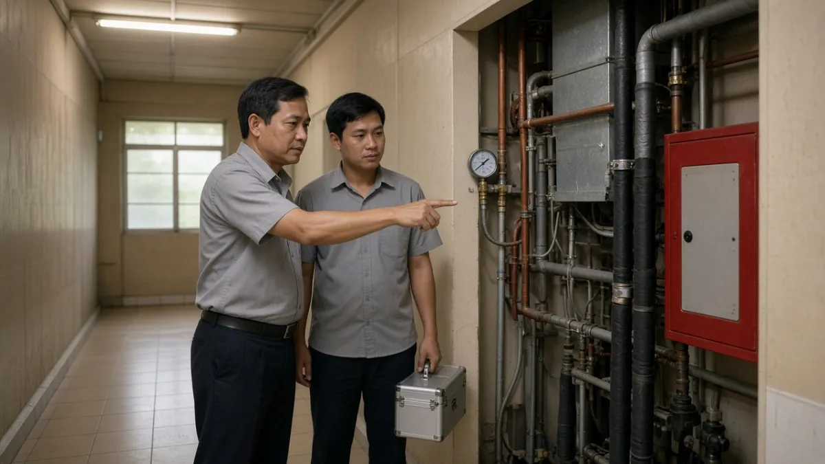 Quản lý kỹ thuật khách sạn hướng dẫn kỹ thuật viên kiểm tra ống HVAC và tủ PCCC tại hành lang hậu cần.