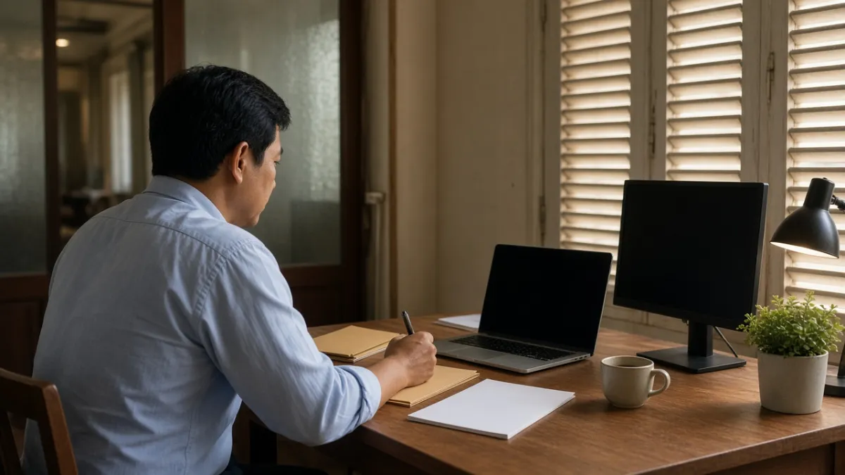 Quản lý khách sạn ghi chú chiến lược giá phòng tại bàn làm việc trong phòng điều hành, màn hình máy tắt.