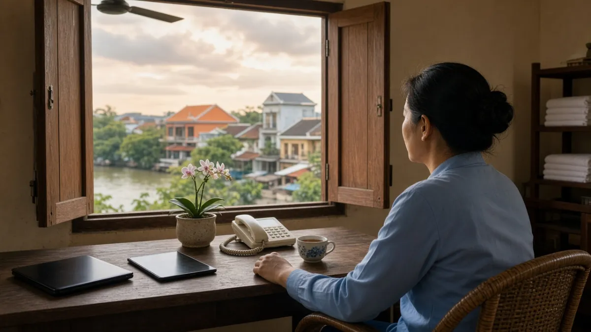 Nhân viên khách sạn ngồi tại bàn làm việc, nhìn ra cửa sổ khi cân nhắc các yếu tố định giá phòng.