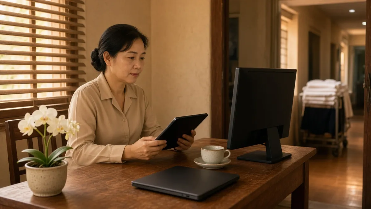 Nhân viên khách sạn suy nghĩ tại phòng làm việc với máy tính tắt, thể hiện định giá linh hoạt dựa trên dữ liệu.