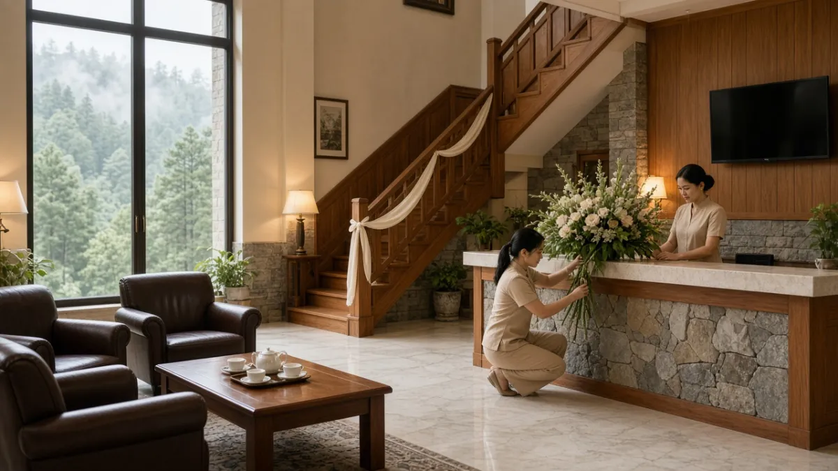 Sảnh khách sạn sáng sớm, nhân viên sắp hoa tại quầy lễ tân chuẩn bị đón khách cho ngày khai trương.