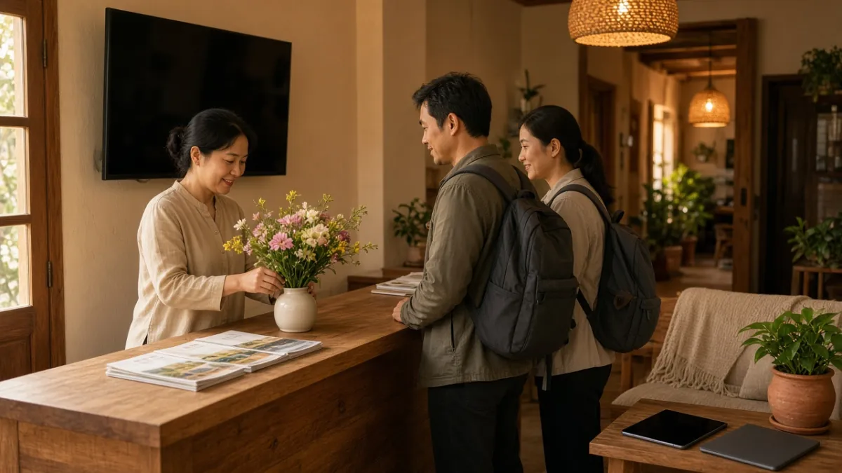 Lễ tân sắp hoa và tài liệu tại quầy gỗ, đón khách nhận phòng trong sảnh ấm; màn hình TV trên tường đang tắt.