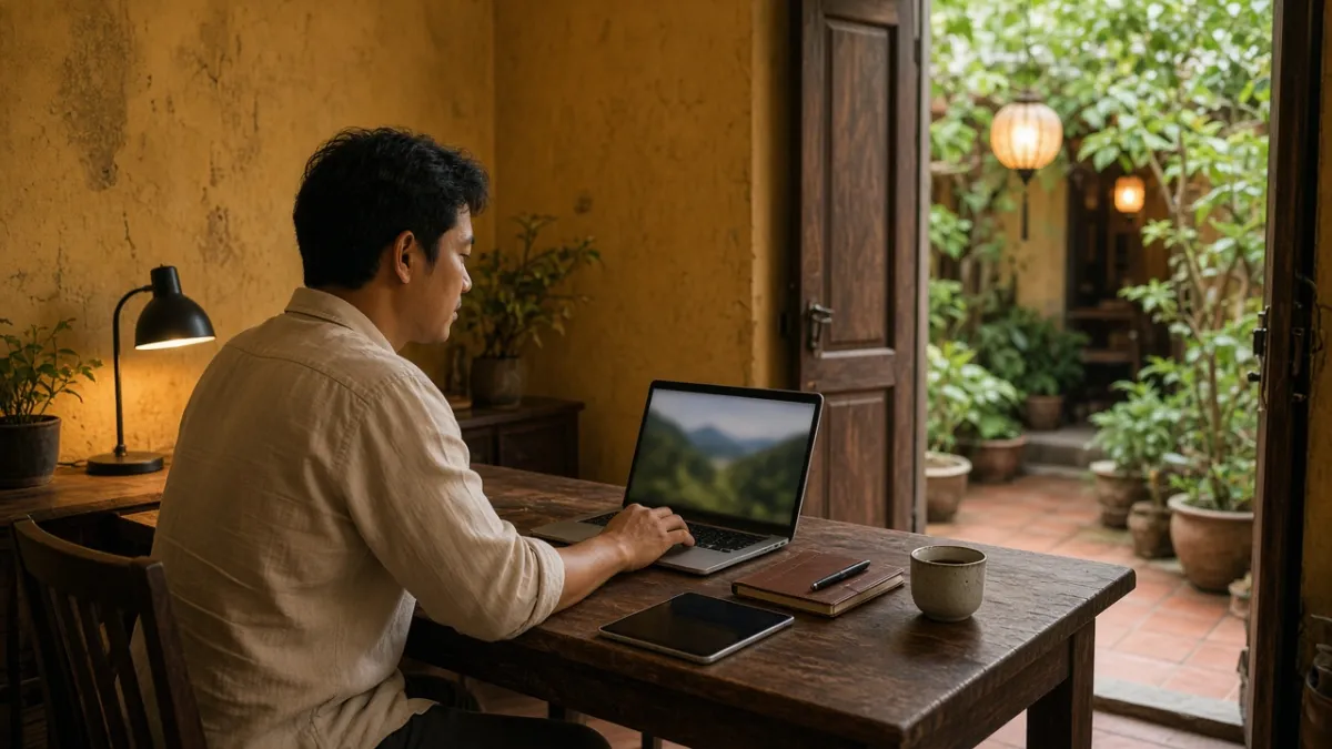 Góc nhìn qua vai nhân viên homestay đang lên kế hoạch nội dung số trên laptop trong phòng làm việc ấm áp.