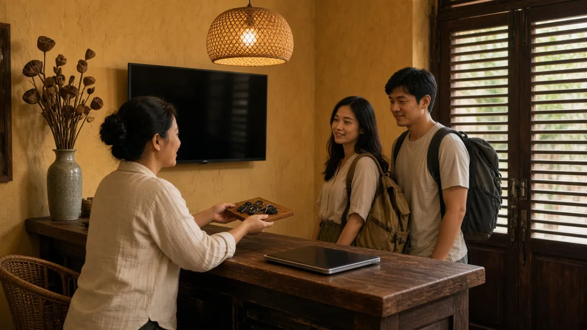 Nhân viên lễ tân boutique chào đón cặp khách du lịch tự túc mang ba lô tại quầy gỗ ấm cáp, thể hiện dịch vụ cá nhân hóa.