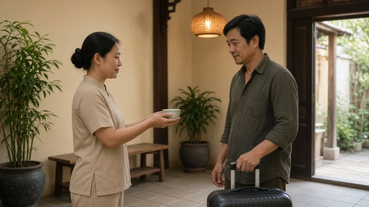 Nhân viên khách sạn mời trà chào đón khách mới đến, thể hiện sự quan tâm tạo trải nghiệm lưu trú đáng nhớ.