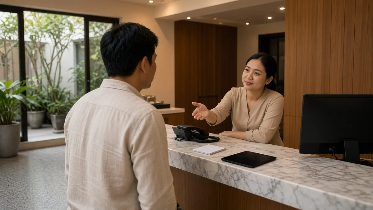 Nhân viên lễ tân lắng nghe khách tại quầy, bên cạnh điện thoại và máy tính bảng hỗ trợ phục vụ đa kênh.