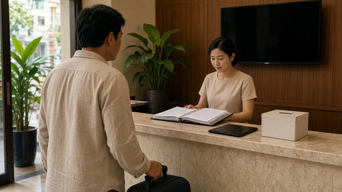 Lễ tân đọc sách hướng dẫn máy móc trong khi khách đứng chờ, thể hiện dịch vụ rập khuôn và thiếu gắn kết.