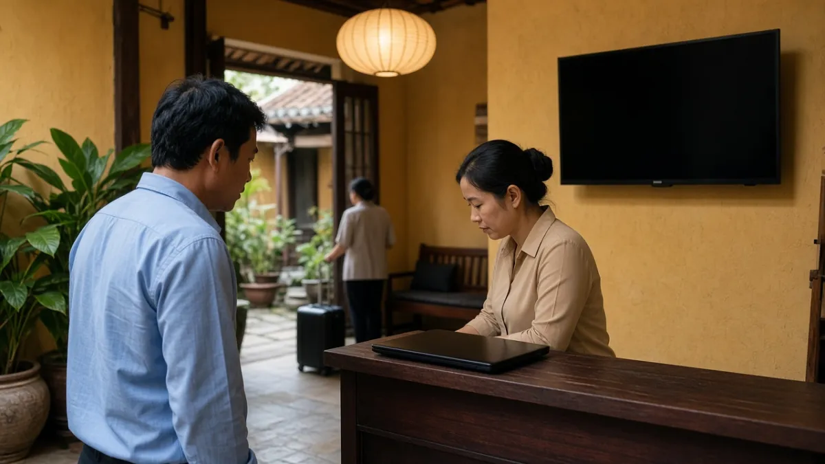 Chủ khách sạn và nhân viên lễ tân trao đổi tại quầy, laptop và TV tắt, thể hiện tối ưu doanh thu nhờ công nghệ quản lý.