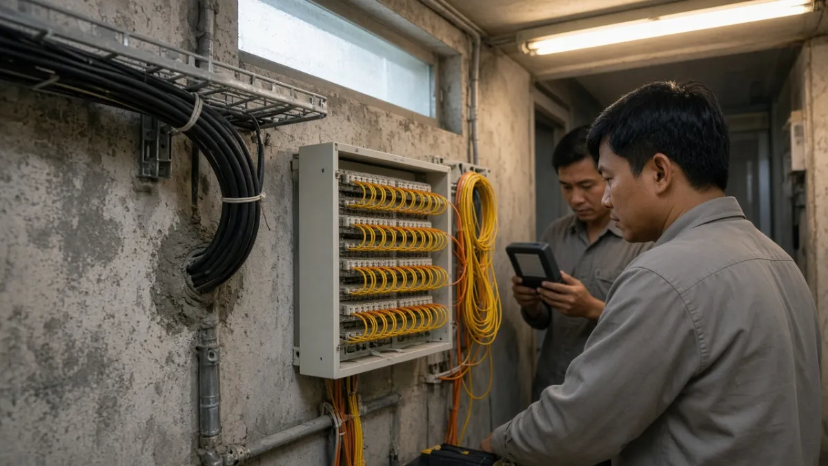 Kỹ thuật viên kiểm tra tủ ODF và sợi quang trong phòng hạ tầng, minh họa dịch vụ cho thuê quang trắng.