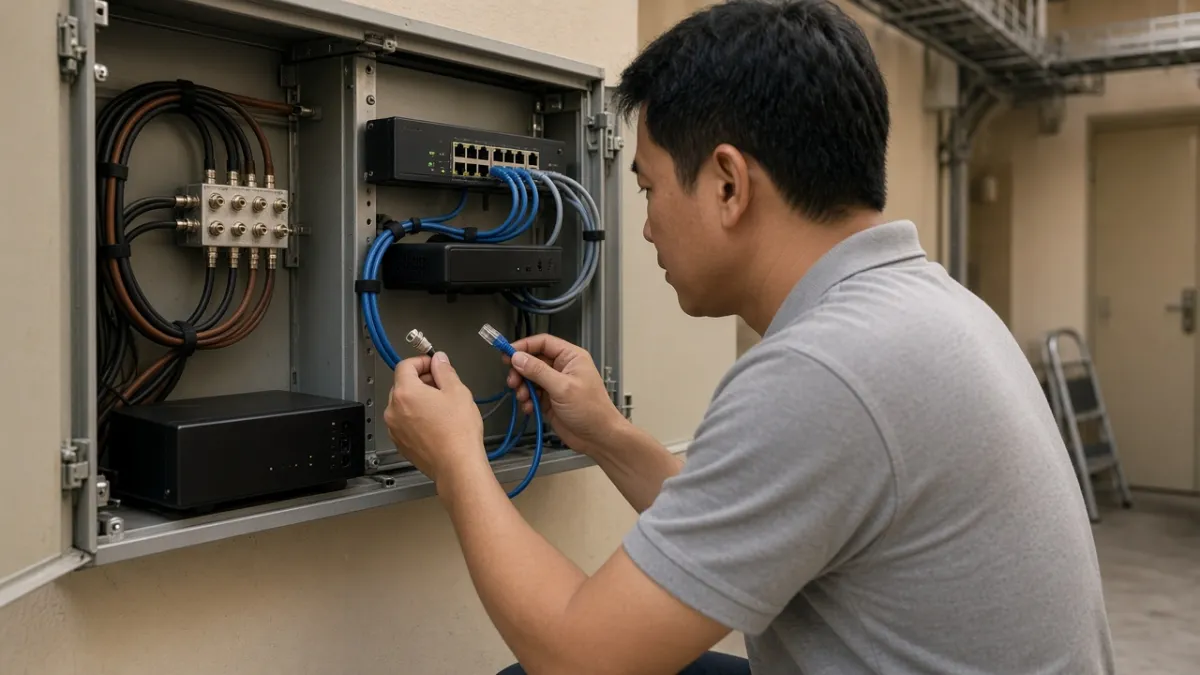 Kỹ thuật viên so sánh cáp đồng trục và cáp mạng tại tủ phân phối tín hiệu truyền hình khách sạn.