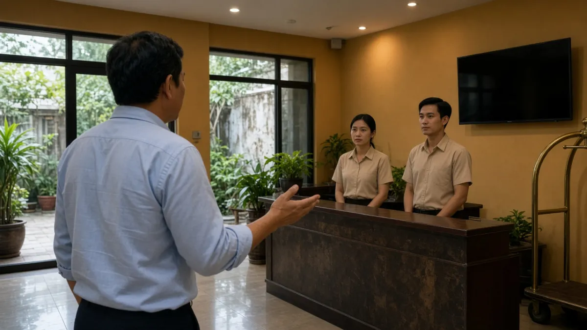 Tổng quản lý khách sạn trao đổi với nhân viên lễ tân trong sảnh vào buổi sáng sớm.