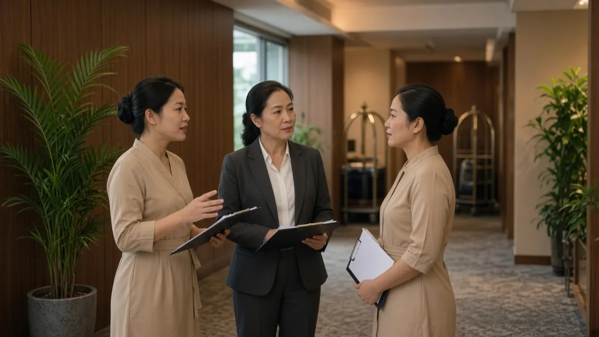 Tổng giám đốc khách sạn trao đổi với nhân viên bộ phận trong hành lang, thể hiện vai trò điều hành trung tâm.
