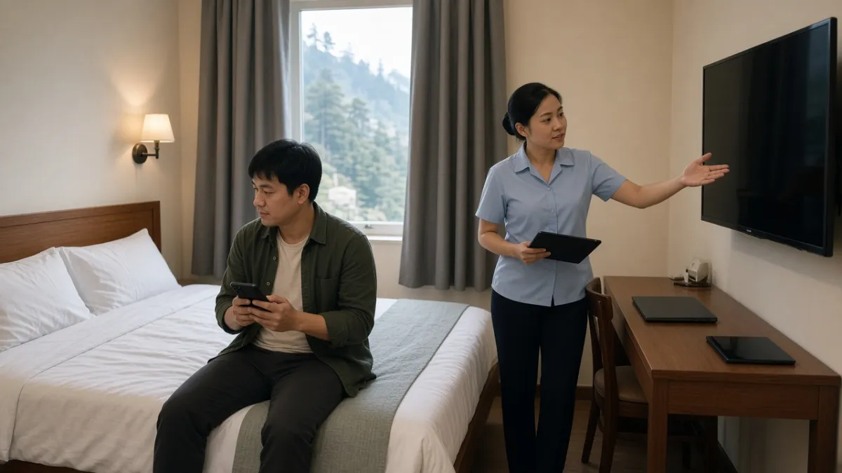 Nhân viên hướng dẫn khách kết nối điện thoại với TV trong phòng nghỉ, thể hiện dịch vụ cá nhân hóa.