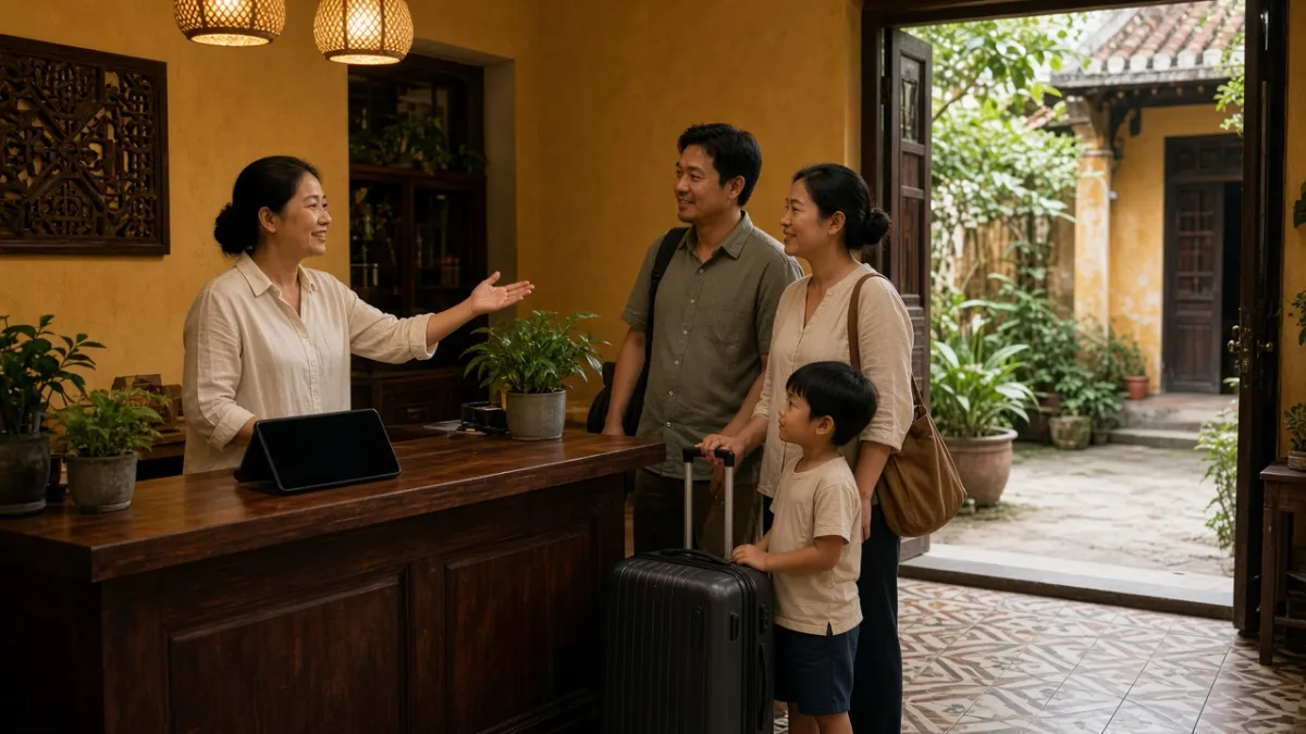Gia đình khách được nhân viên chào đón tại quầy lễ tân homestay, thể hiện cảm giác được đón tiếp ấm áp.