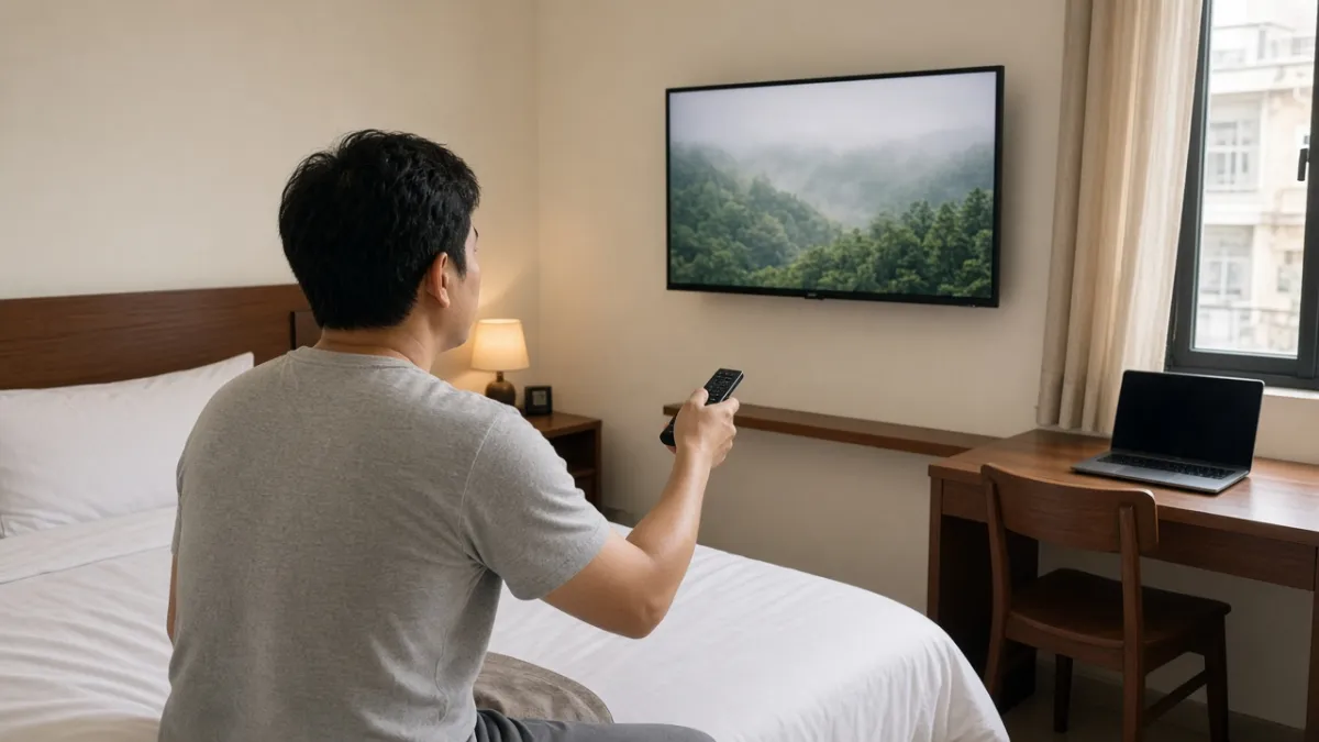 Khách dùng điều khiển xem truyền hình trên màn hình lớn trong phòng nghỉ khách sạn hiện đại.