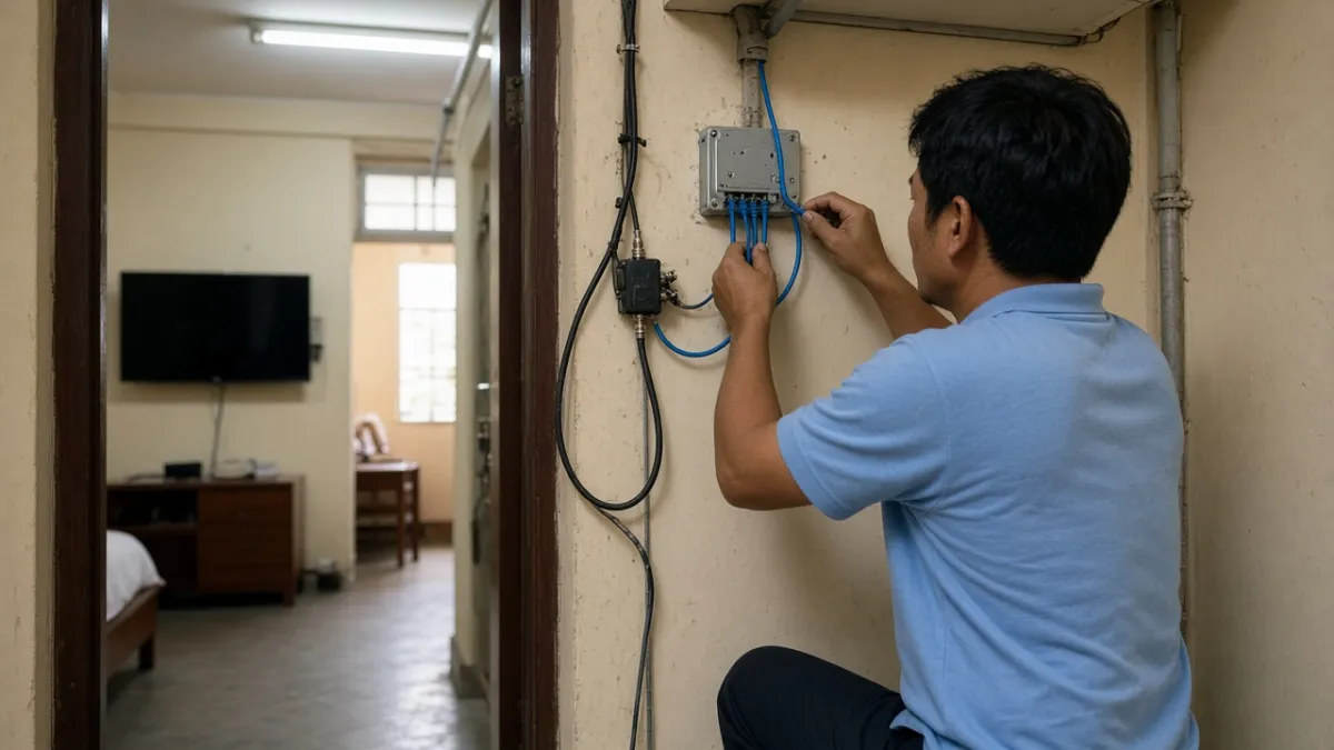 Kỹ thuật viên khách sạn lắp cáp mạng mới cạnh hệ thống cáp truyền hình cũ khi nâng cấp lên IPTV.
