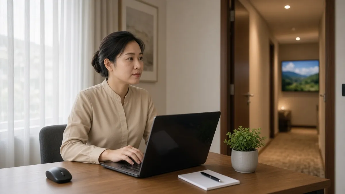 Nhân viên khách sạn tại phòng quản trị dùng laptop quản lý nội dung hiển thị trên TV phòng khách từ xa.