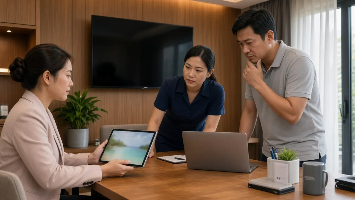 Ba nhân viên marketing, lễ tân và IT họp phối hợp quản lý nội dung TV khách sạn theo vai trò.