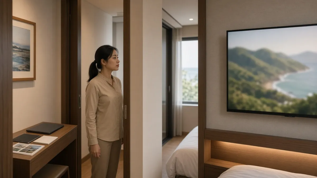 Nhân viên khách sạn kiểm tra nội dung hiển thị trên TV phòng trước khi hoàn tất cập nhật từ CMS.