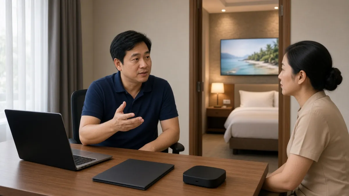 Nhân viên IT khách sạn hướng dẫn đồng nghiệp quản trị nội dung TV tập trung, phòng khách có TV treo tường phía sau.