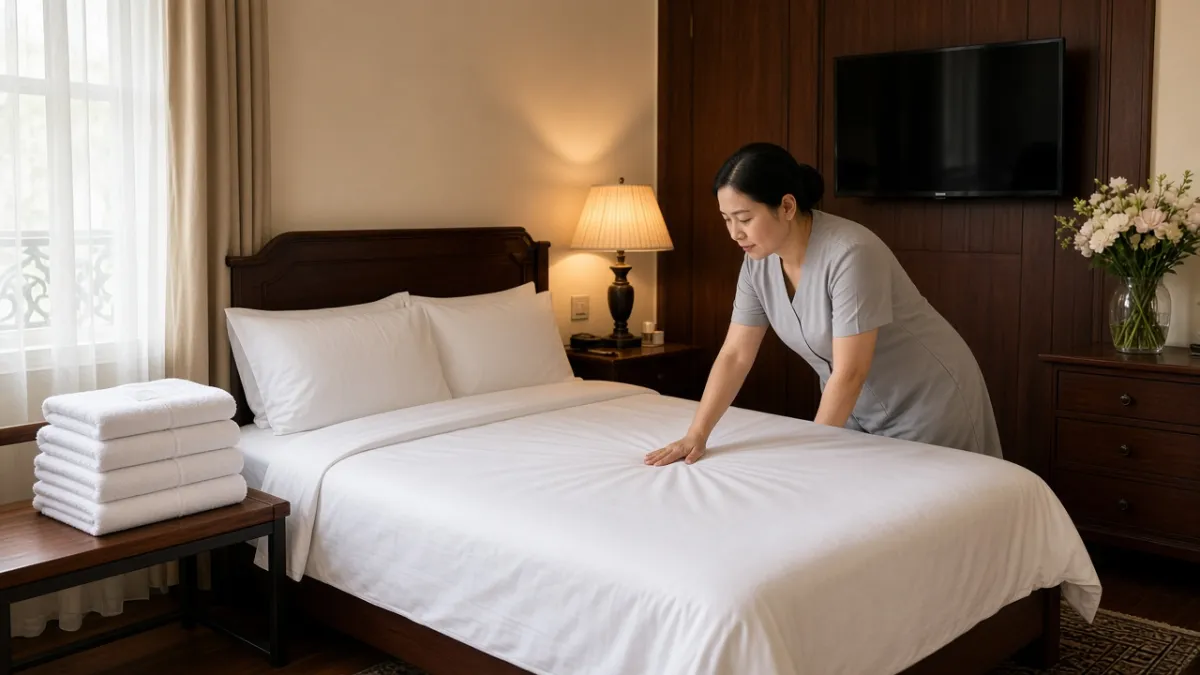 Nhân viên phòng buồng chỉnh ga gối và sắp khăn tắm trong phòng khách sạn cao cấp, gọn gàng sạch sẽ.