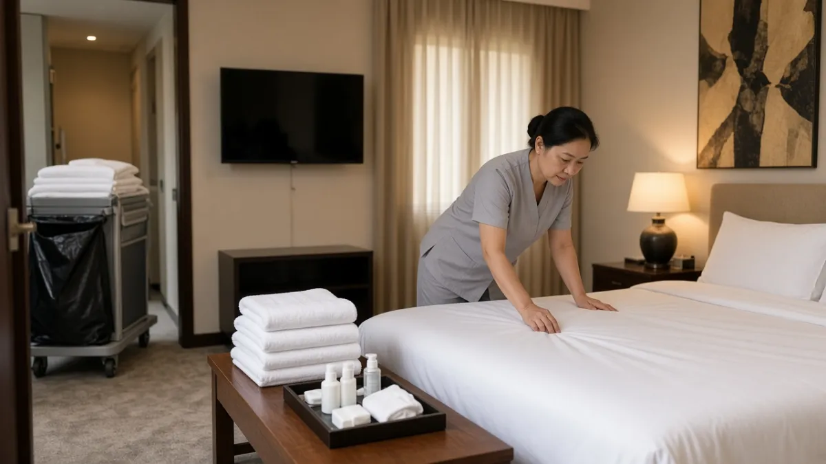 Nhân viên buồng thay chăn ga và chuẩn bị amenities sau khách trả phòng theo quy trình dọn phòng chuẩn.