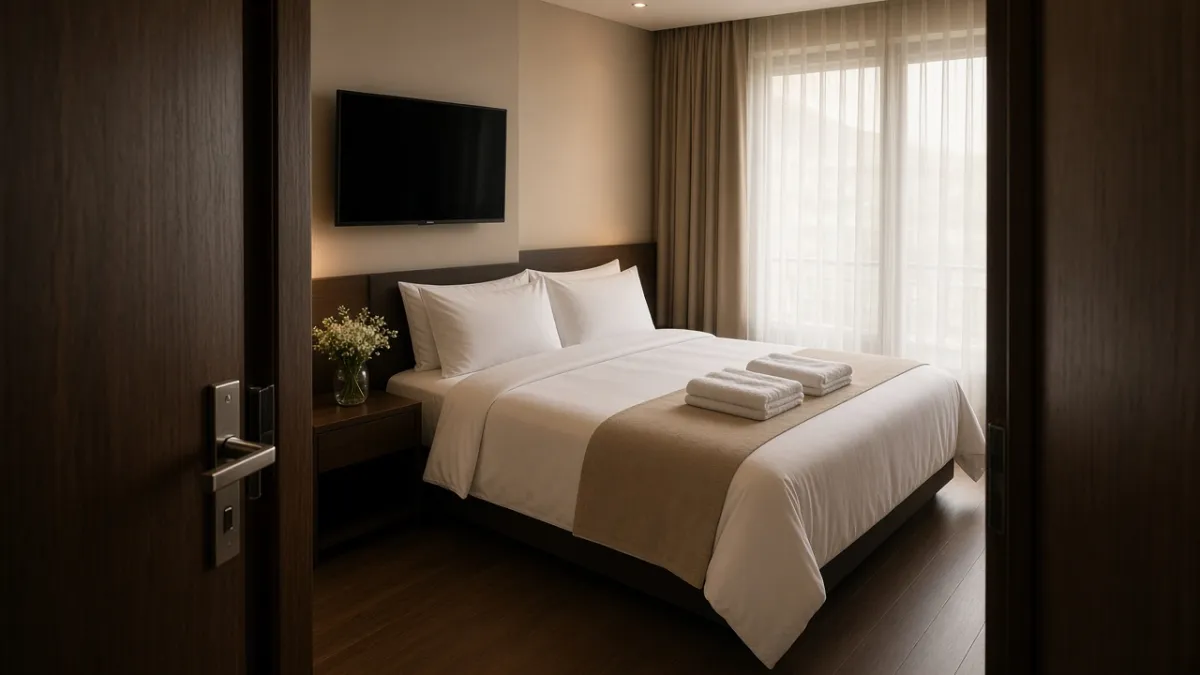 Góc cửa nhìn vào phòng đã dọn: giường phẳng, khăn gấp gọn và hoa tươi — chi tiết phòng buồng tạo cảm giác sạch, thơm.
