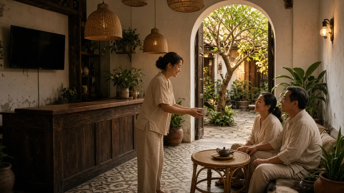 Nhân viên đón khách với trà chào trong sảnh boutique nhỏ, nội thất gỗ và gạch địa phương, ánh sáng ấm.
