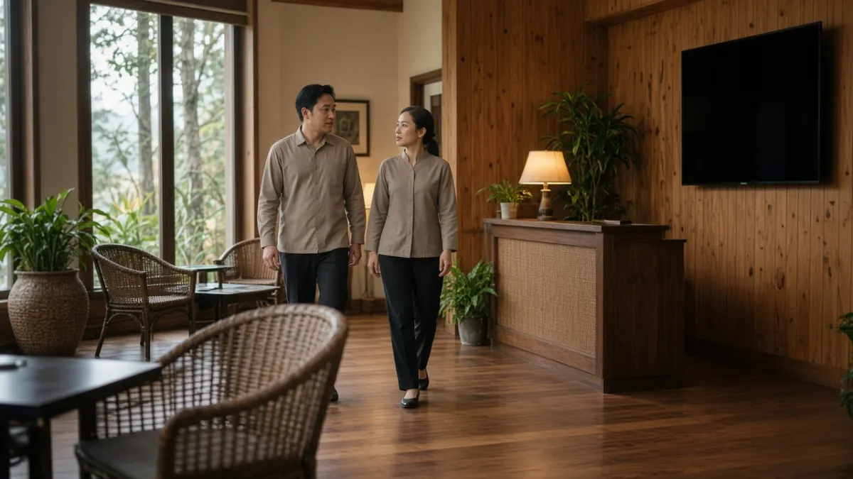 Hai nhân viên khách sạn đi bộ trong sảnh ấm áp sau buổi kiểm tra vận hành, thể hiện quản lý chuyên nghiệp.