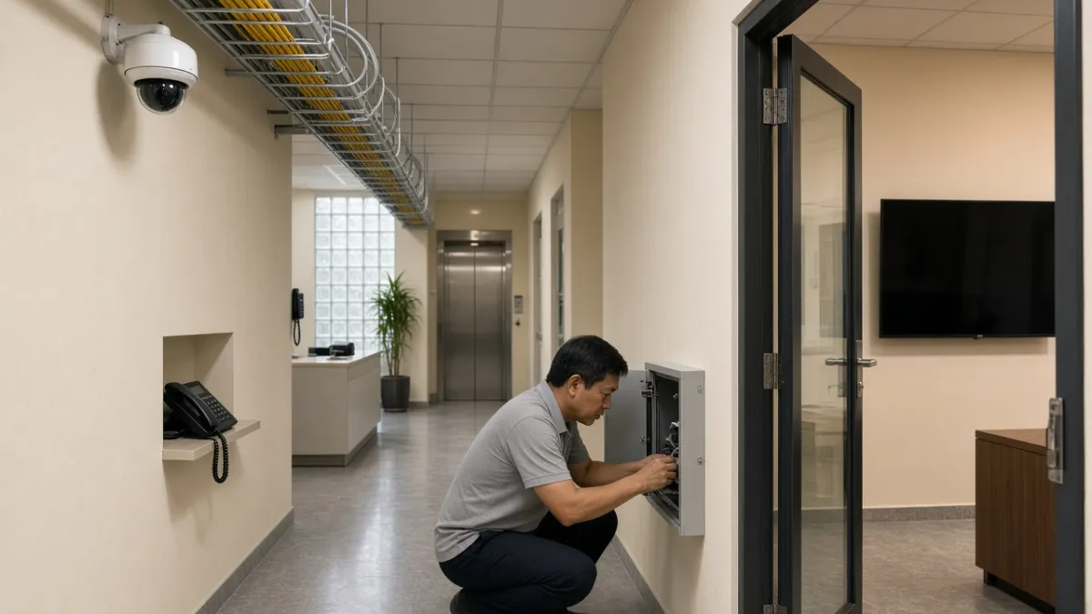Hành lang văn phòng với camera IP trần, điện thoại VoIP tường, TV phòng họp và máng cáp quang dùng chung.