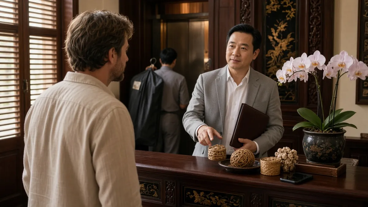 Giám sát bộ phận concierge đang tư vấn khách quốc tế tại quầy riêng, thể hiện vai trò trợ lý hỗ trợ lưu trú.