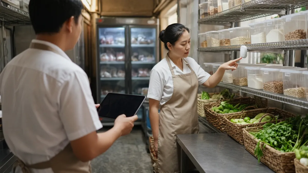 Nhân viên bếp khách sạn kiểm kho nguyên liệu với máy tính bảng và cảm biến trên kệ, hỗ trợ vận hành F&B hiện đại.