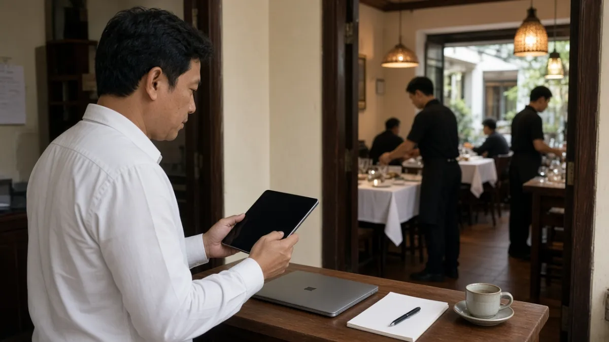 Quản lý F&B khách sạn cầm máy tính bảng tại quầy dịch vụ, nhìn qua cửa nhà hàng đang chuẩn bị phục vụ.