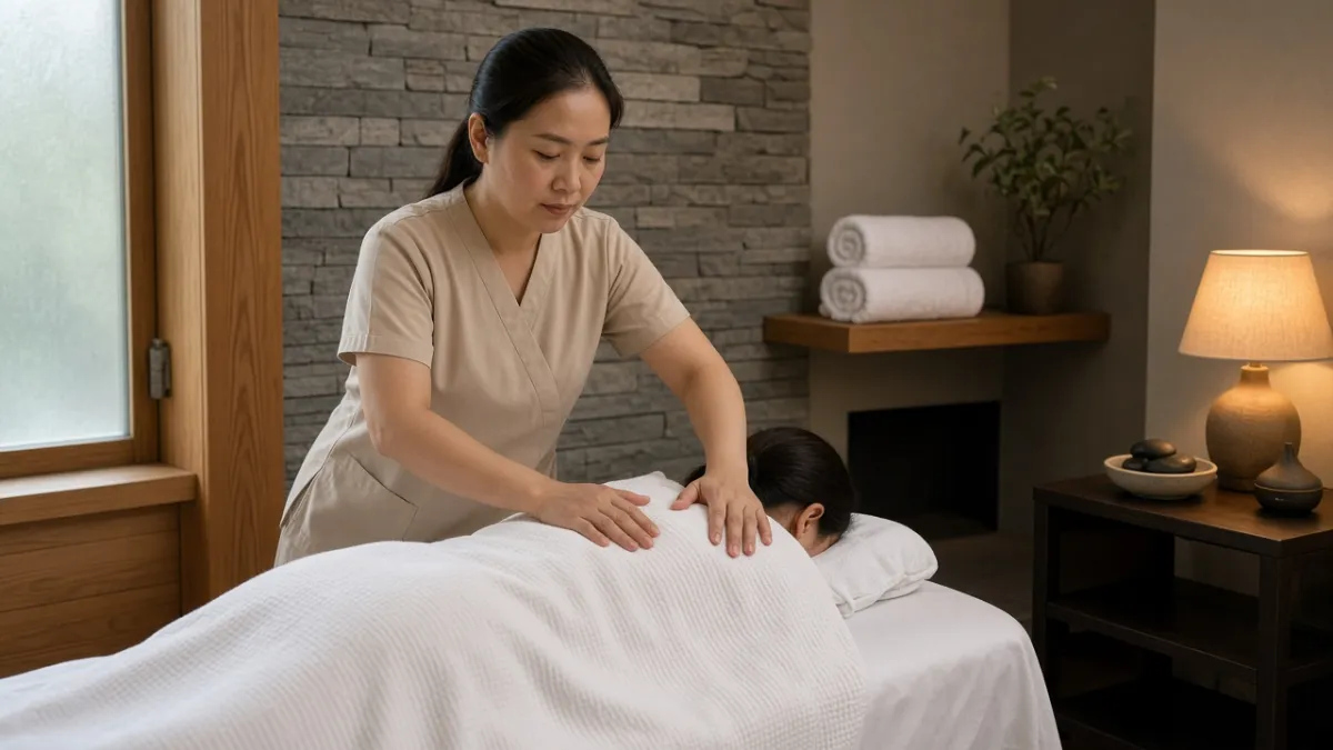 Nhân viên spa khách sạn thực hiện liệu trình massage vai lưng cho khách trong phòng trị liệu ấm cúng.