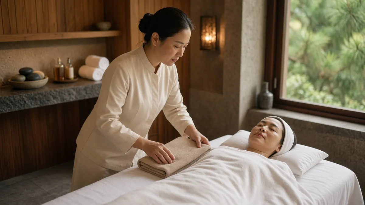 Nhân viên spa khách sạn chăm sóc khách thư giãn trên giường trị liệu trong phòng gỗ, ánh sáng cửa sổ dịu.