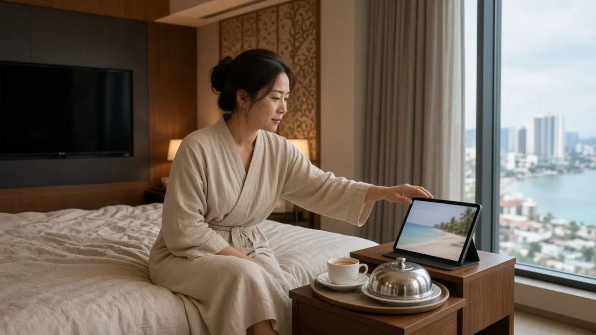 Khách dùng tablet đặt trên đầu giường trong phòng khách sạn hiện đại để tương tác dịch vụ phòng.