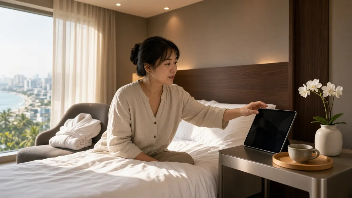 Khách trong phòng khách sạn hiện đại tại Việt Nam chạm tablet đặt trên kệ đầu giường để dùng dịch vụ khách sạn.