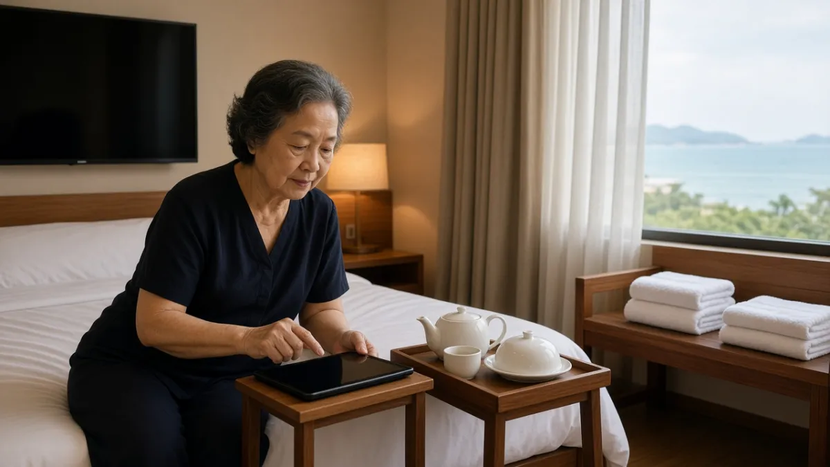 Khách lớn tuổi dùng tablet cạnh giường trong phòng khách sạn Đà Nẵng, bên cạnh khay room service và khăn sạch.