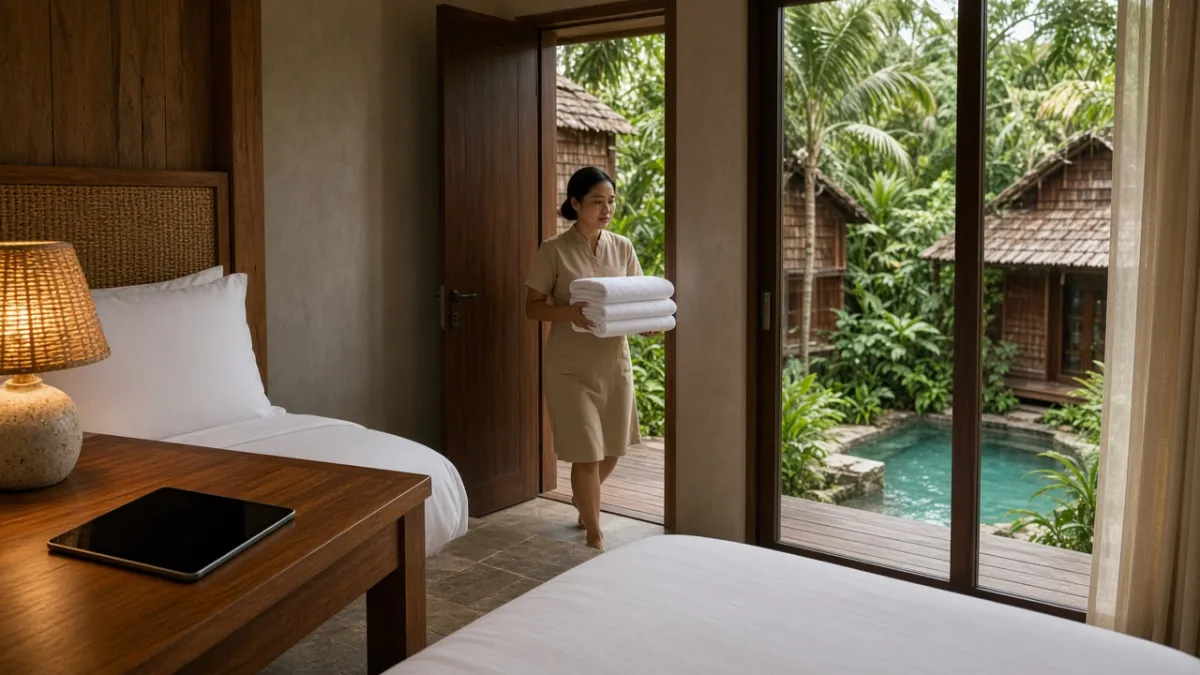 Tablet trong phòng villa resort Việt Nam — minh họa Crave phù hợp khách sạn 4–5 sao và khu nghỉ dưỡng cao cấp.