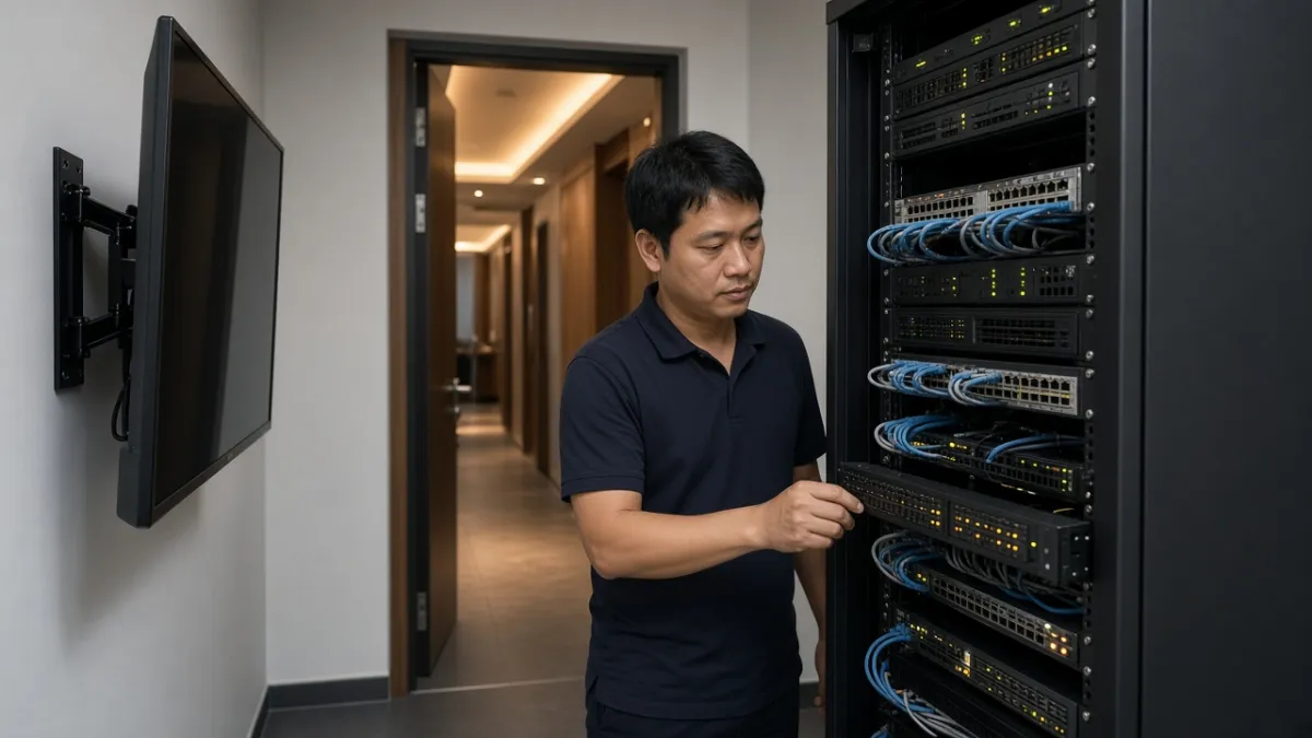 Kỹ thuật viên kiểm tra tủ máy chủ IPTV trong phòng kỹ thuật khách sạn, trung tâm phân phối truyền hình tới các phòng.