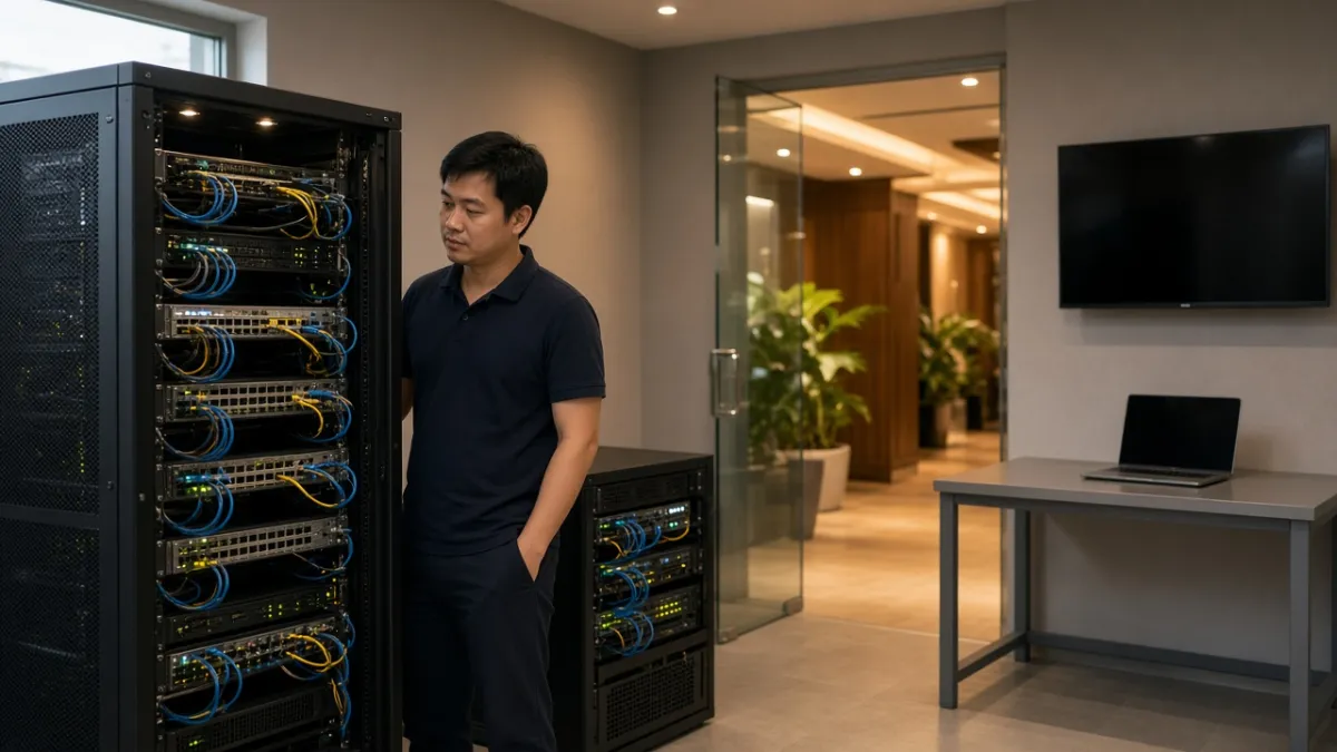 Kỹ thuật viên kiểm tra tủ rack máy chủ IPTV trong phòng kỹ thuật của khách sạn resort Việt Nam.