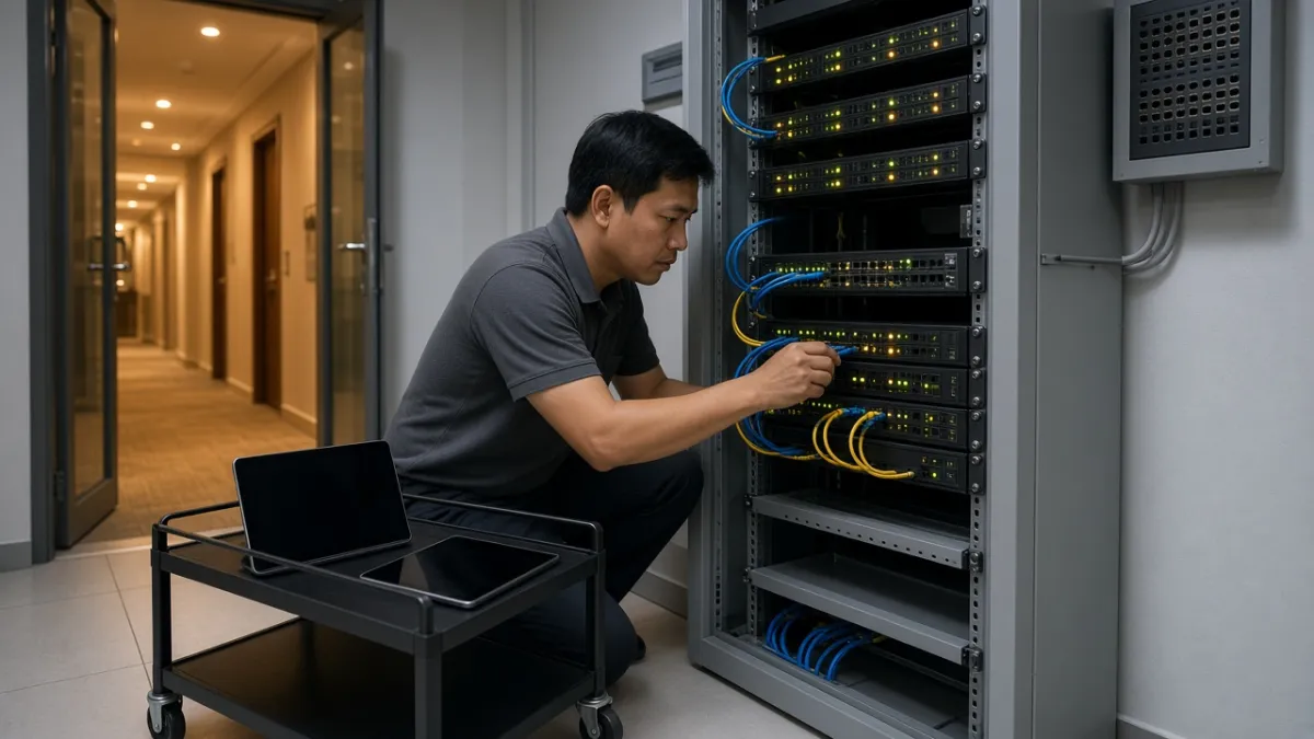 Kỹ thuật viên lắp đặt và cấu hình máy chủ IPTV chuyên dụng trong phòng server của khách sạn hiện đại.