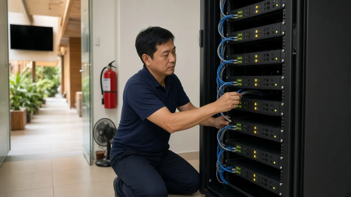 Kỹ thuật viên khách sạn kiểm tra tủ máy chủ trong phòng thiết bị, đảm bảo hệ thống IPTV phát sóng ổn định.