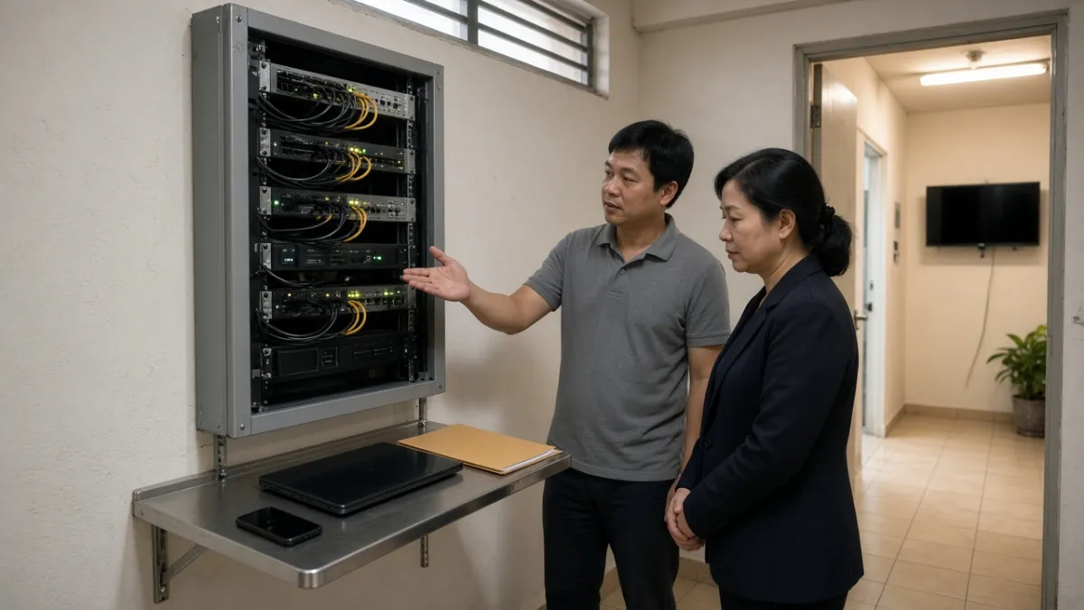Kỹ thuật viên bàn giao tủ server IPTV cho quản lý khách sạn sau triển khai nhanh trong phòng thiết bị.
