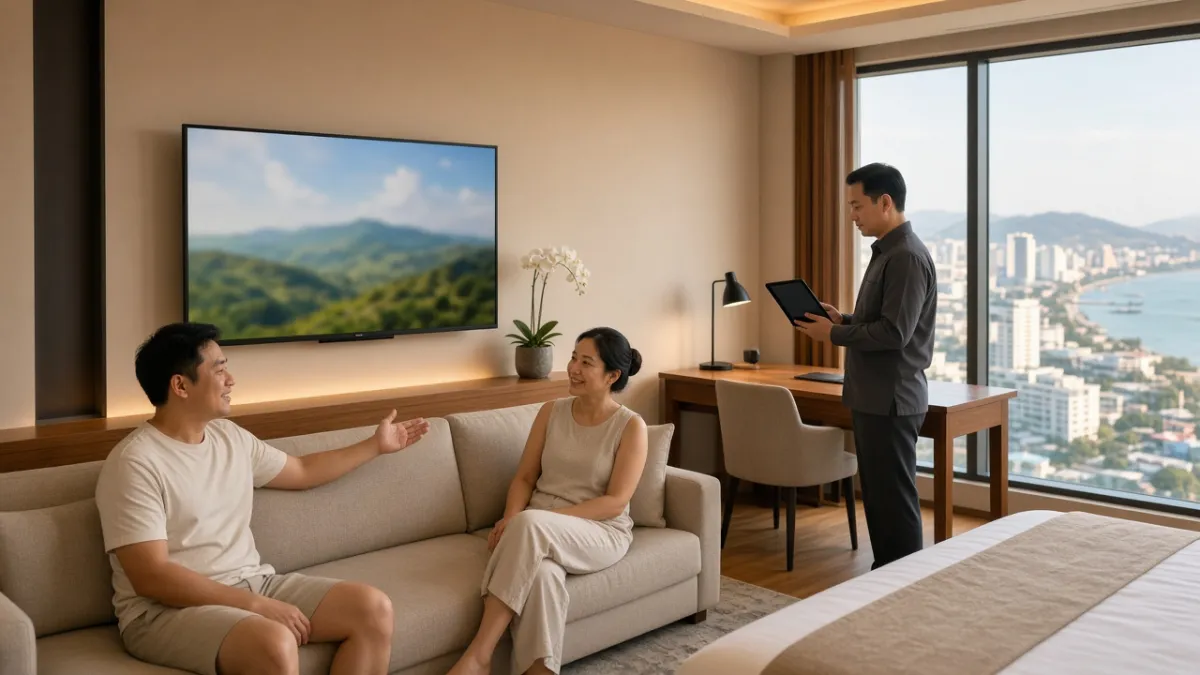 Khách lưu trú thư giãn trong phòng khách sạn Đà Nẵng, nhân viên quản lý nội dung qua máy tính bảng và TV treo tường.