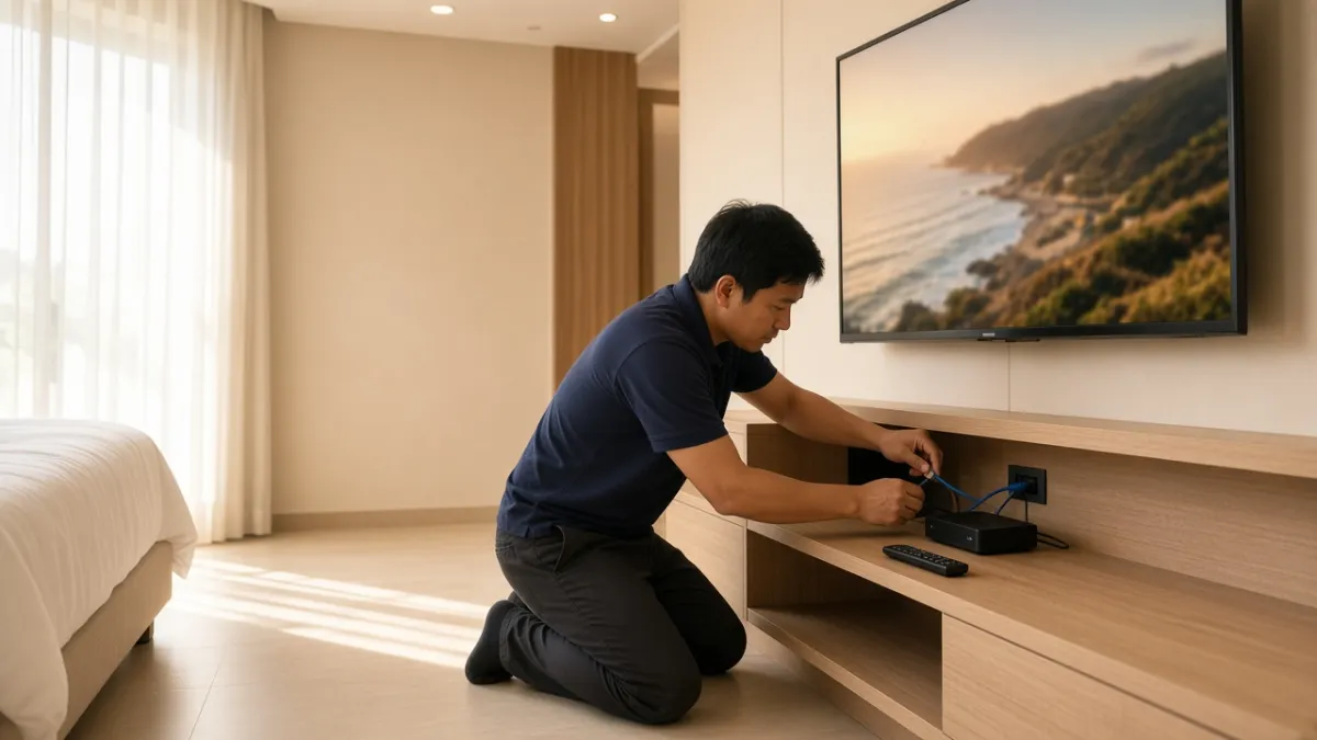 Kỹ thuật viên lắp đặt hộp IPTV và kết nối mạng cho TV tường trong phòng khách sạn hiện đại.